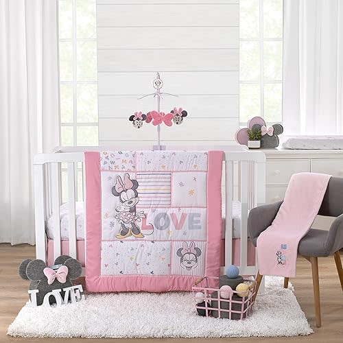 Disney Minnie Mouse Lovely Little Lady Pink and White Stripes and Dots 3 Piece Nursery Crib Bedding Set - Comforter, Fitted Crib Sheet and Crib Skirt