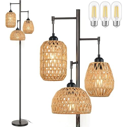 Boho Floor Lamp for Living Room Bedroom,Farmhouse Floor Lamps with 3 Rattan Wicker Shades,Rustic Black Vintage Standing Lamp Light 68" Tall Tree Floor Lamp for Office,Reading,Corner