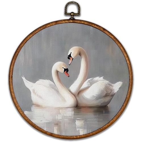 BCUANGD Swan Round Wall Art Decor - Vintage Animal Coquette Wall Art Canvas Frame Artwork Prints, Trendy Preppy Swan Round Hanging Decorations for Home Bedroom Girls Room Nursery, 10"x10"