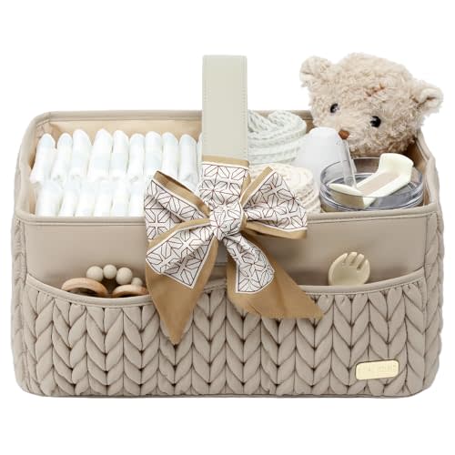 LUKJOJO Luxurious Baby Diaper Caddy, Nursery Storage Basket for Newborn Essentials, Travel Baby Basket for Diapers Baby Wipes, Organizer Tote Bag Storage Bin, Baby Shower Gifts(Beige)