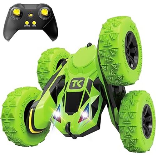 Threeking RC Stunt Cars Remote Control Car Double-Sided Driving 360-degree Flips Rotating Car Toy, Green