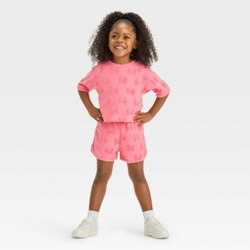 Toddler Girls' Disney Minnie Mouse French Terry Embossed Top and Shorts Set - Pink, Size: 2T
