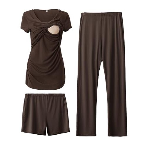 SUNNYBUY Women's Maternity Postpartum Pajamas Set, Breastfeeding Tops，Adjustable Pregnancy Shorts & Pants 3 Piece Nursing PJS