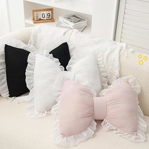 OWTERY 15 in Bow Pillow Bow Shaped Pillow Decorative - 3 Colors Cute Bow Shaped Pillows, Lace Bowknot Throw Pillow, Bow Throw Pillow, Pink Bow Pillow for Sofa Couch Bed Living Room Bedroom (White)