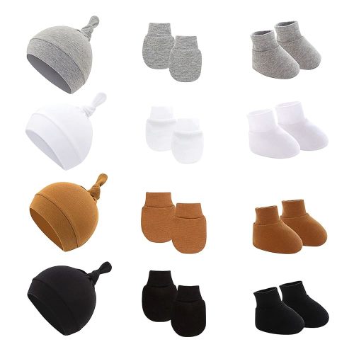 ROUDJER Cotton Baby Hats with Mittens Socks, Winter Warm Breathable Soft Newborn Hospital Hats Set for 3-12 Month Boys and Girls (4-Sets)