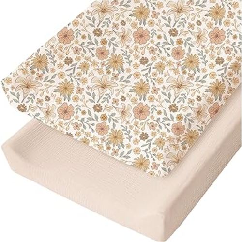 Konssy 2 Pack Muslin Changing Pad Cover for Baby Girls Boys 100% Cotton Fitted Diaper Changing Table Cover Set, Soft Changing Pad Sheets (Bouquet,Cream)