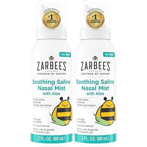 Zarbee’s Soothing Saline Nasal Mist with Aloe, Saline Spray for All Ages Works Quickly to Clear Out & Moisturize Noses, Mist Loosens Mucus & Clears Nasal Passageways, Drug-Free, 3 fl. Oz