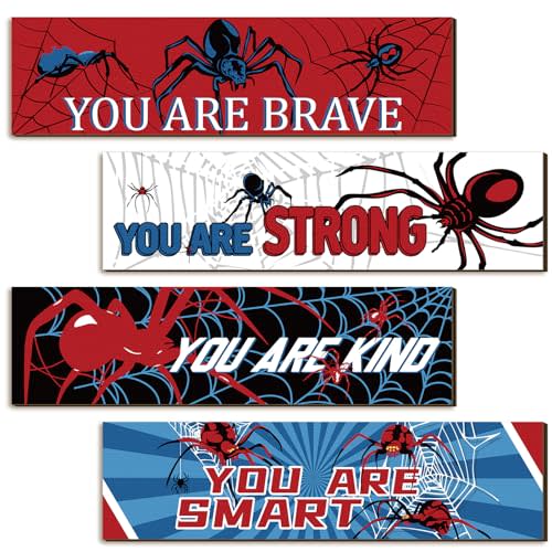Geetery 4 Pcs Bedroom Wall Decor Boys Spider Room Decor for Kids Inspirational Wooden Hanging Sign Motivational Quote Car Wall sign for Boys Kids Nursery Playroom Kindergarten(11.8 x 3.1 Inch)