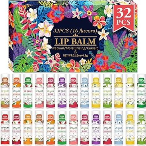 32 Pack Lip Balm, Natural Lip Balm Bulk with Vitamin E and Coconut Oil, Bulk Lip Balms for Dry Lips-16 Flavors