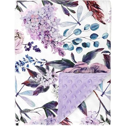 Purple Baby Blankets, Floral Minky Toddler Blanket for Boys Girls, Dotted Backing, Double Layer, Crib Receiving Blanket, for Nursery/Stroller/Toddler Bed/Carseat, 30 x 40 Inch