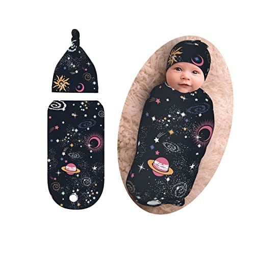 Space Galaxy Newborn Swaddle Blanket with Beanie Set, Soft and Stretchy Baby Blanket Swaddle Sack for Boy and Girl