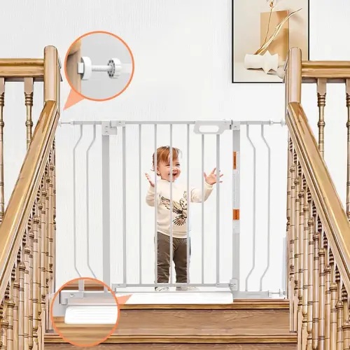 Mom's Choice-GROWNSY Baby Gate for Stairs, 29.5"-48.4" Pressure Mounted Baby Gate for Top of Stair&Doorway with V-Shaped Rods, Anti-Trip Pedal, Extra Wide Stairs Dog Gate Easy Install w/Red Reminder