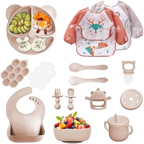 Silicone Baby Feeding Set, 14 Pcs Baby Led Weaning Supplies, Baby Spoons & Forks Suction Bowl Divided Plate Bib Cup, First Stage Solid Food Eating Utensils - 6+ Months (Beige)