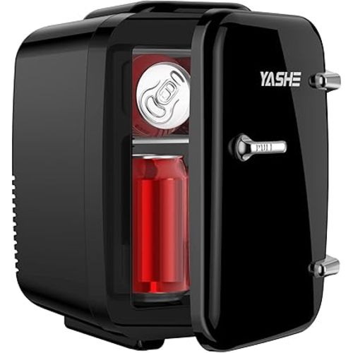 YASHE Mini Fridge, 4 Liter/6 Cans Small Refrigerator for Skincare, 110V AC/ 12V DC Thermoelectric Cooler and Warmer for Bedroom, Office, Dorm, Car, Black