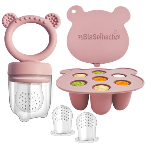 Silicone Freezer Tray and Baby Fruit Feeder Combo - Soothing Teething Relief and Food Storage Container for Babies (6 Months and Up) - Teether Toy (Pink)