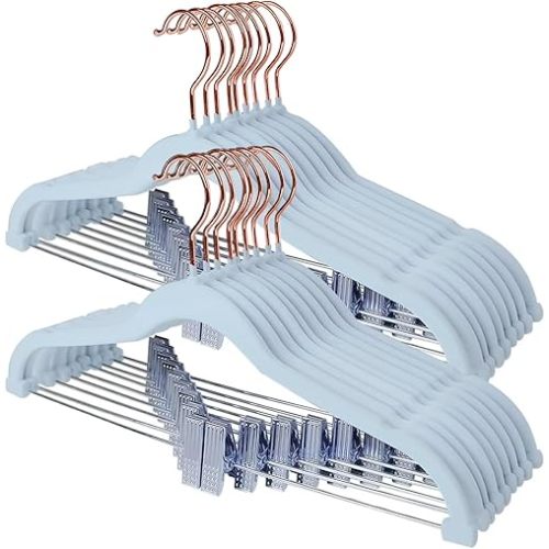 Stormix Pants Hangers, 24 Pack Vevlt Skirt Hanger with Clips, Non-Slip Coat Hangers, Heavy-Duty Clothes Hangers for Shorts, Pants, Skirts, Dresses, Jackets, Coat Blue (Rose Gold Hook)