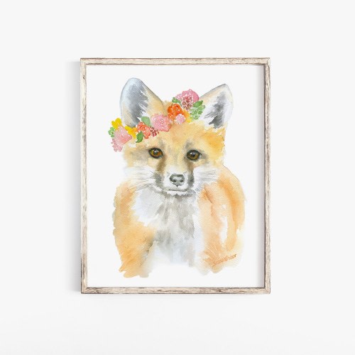 Fox Floral Wreath Watercolor Painting Fine Art Giclee Reproduction - Woodland Animal Art Print UNFRAMED