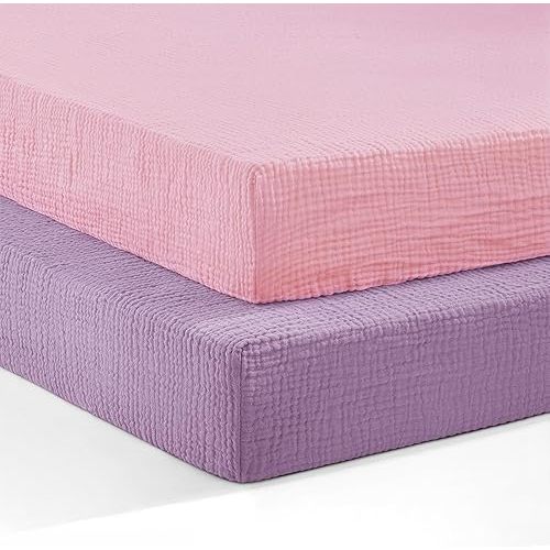Pro Goleem Muslin Pack n Play Sheets for Girls, Soft Breathable Cotton Fitted Mini Crib Sheets, Baby Sheets for Playard Mattress, 2 Pack (Pink＆Purple)