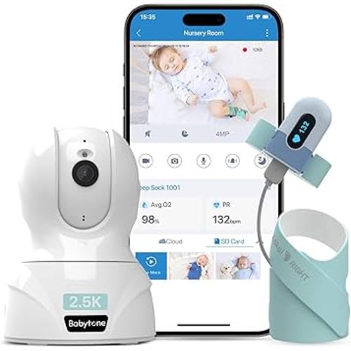 Babytone Baby Monitor - Smart Sleep Sock & 2.5K HD Camera, Track Heart Rate & Average Oxygen Level, Cry/Motion Detect, Two-Way Audio and Night Vision Baby Monitor with APP