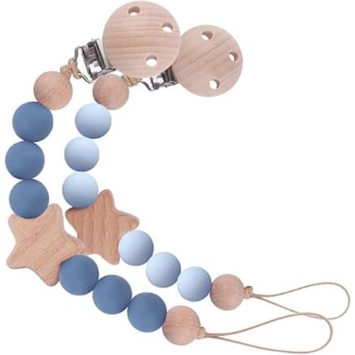 2Pcs Wood Star Silicone Pacifier Clip for Baby Boy Blue Silicone Pacifier Holder Binky Clips