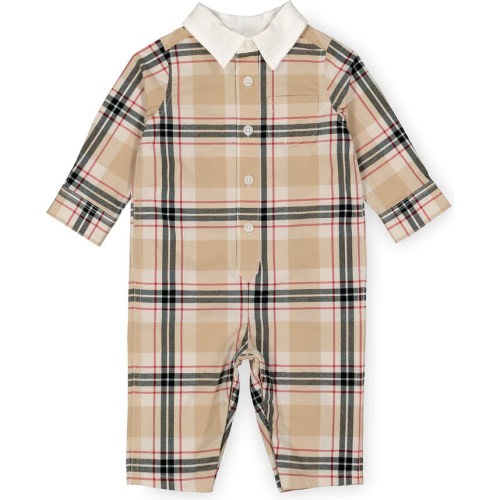 Baby Baby Long Sleeve Button Front Romper, Infant, 3-6M, Long Sleeve Classic Tan Plaid