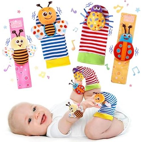 Baby Wrist Rattle Socks and Foot Finder Set Baby Rattles Toys for 0-12 Month, Infant Girl Boy Toys for Babies 3-6 Months, Newborn Hand & Foot Toys for 0 to 9 Months, Baby Shower Gifts
