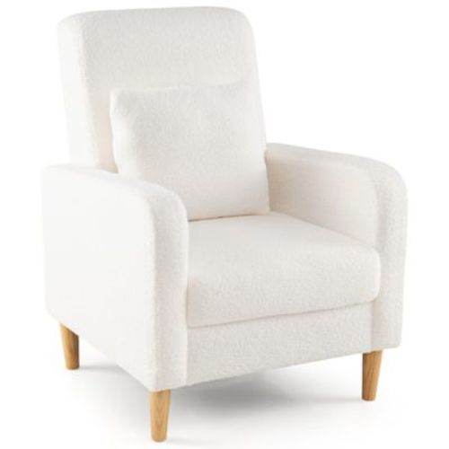 Costway Accent Chair w/Lumbar Pillow Teddy Fleece Cover Rubber Wood Legs for Living Room