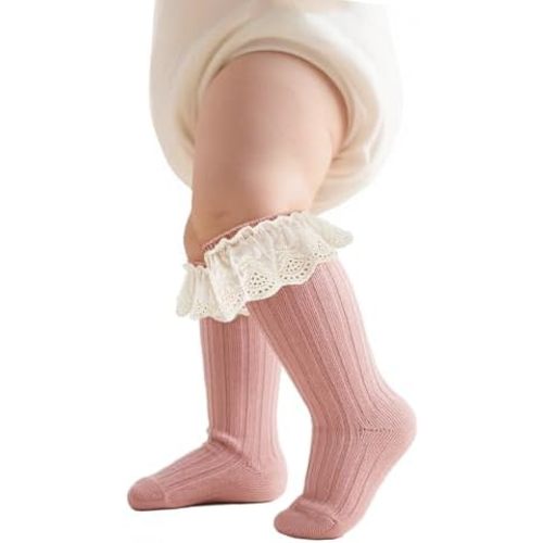Zando Baby Girls Knee High Socks with Ruffles, Soft Cotton Long Tube Ruffle Socks for Preemie Infant Newborn Toddler 0-4T