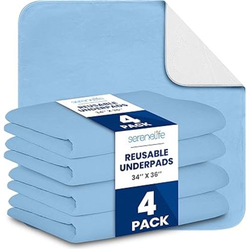 Serenelife Reusable Underpads 4-Pack Blue Incontinence Bed Pads 34 x 36 IN - For Adults, Kids & Pets - Super Absorbent & Leak-Resistant - Soft Top Layer For All Skin Types - Washable & Reusable - Blue
