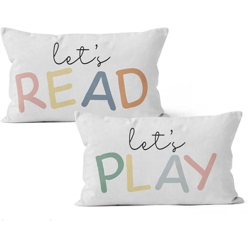 HIWX Kids Playroom Decor, Classroom Throw Pillows Cover,Let's Read Play Decorative 12 x 20 Throw Pillow Cover,Lets Play Read Kids Reading Corner Room Playroom Nursery Decor Set of 2 Pillowcase