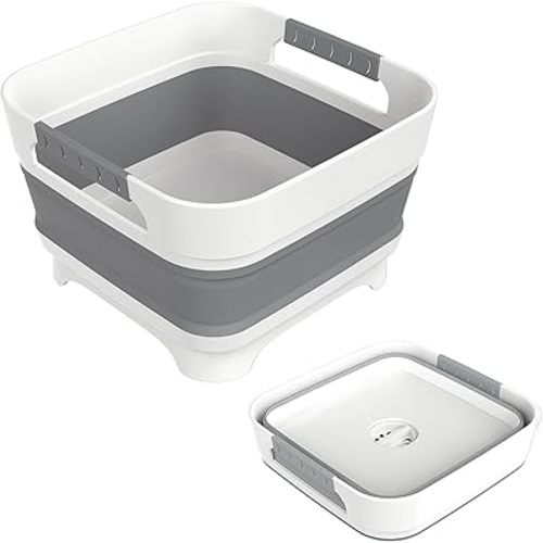 2.4 Gal Collapsbile Wash Basin with Drian Plug,9L Dish Pan for Soaking Baby Bottles,Portable Sink, Multiuse Foldable Bucket,Ice Beverage Tubs for Camping, Vegetable Washing, RV (Gray)