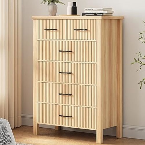 Fluted 6 Drawers Dresser for Bedroom, Tall Boho Chest of Drawers with Metal Handle, Wooden Closet Clothes Storage Organizer for Living Room, Hallway (Natural Oak)