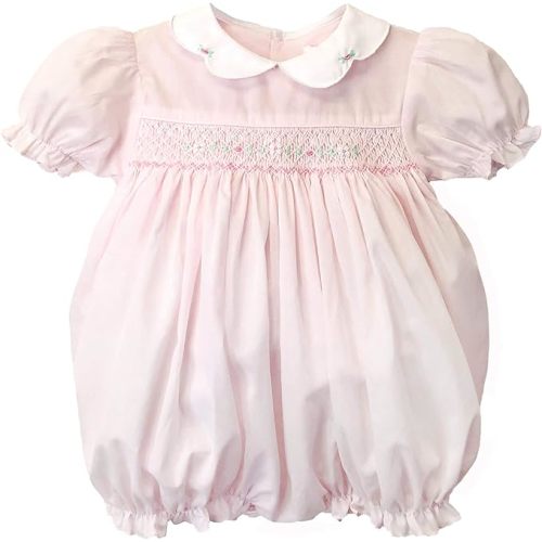 Petit Ami Baby Girls’ Hand Embroidered Smocked Bubble Romper, Pink