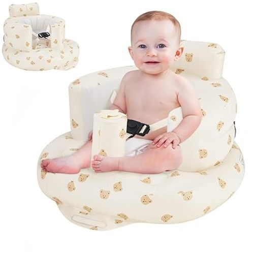 Upgraded Inflatable Baby Seat 3 Months and Up, Inflatable Baby Chair with 3-Point Harness, Baby Support Seat, Baby Floor Seats for Sitting Up, Blow Up Baby Chair with Built in Air Pump (Bear)