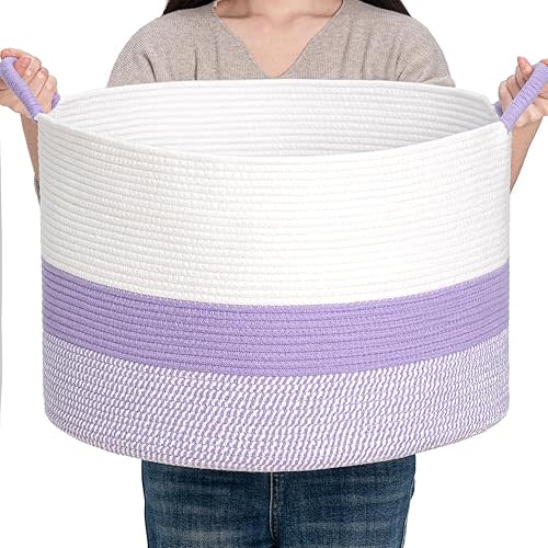 CLHMILY&Z Round Cotton Rope Storage Basket - 22x14.2 Inches - Cute Nursery Bin, Baby Toy Organizer, Lavender Organizer for Home Decor, Multi-Purpose Home Tidy Solution