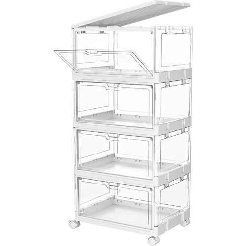 Clear Storage Bin with Lid 4 Pack 【Stackable & Sturdy】Plastic Bins with Wheels, Multifunctional Folding Storage Bins for Bedroom, Living Room, Study, Toy Room, 24 QT Folding Box with Magnetic door