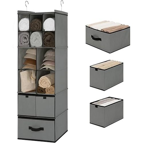 GRANNY SAYS Hanging Closet Organizer with Drawers, 6 Shelf Dividers Closet Hanging Organizer, Foldable Hanging Shelves for Closet, Fabric Closet Shelf Organizer for Clothes Storage, Grey