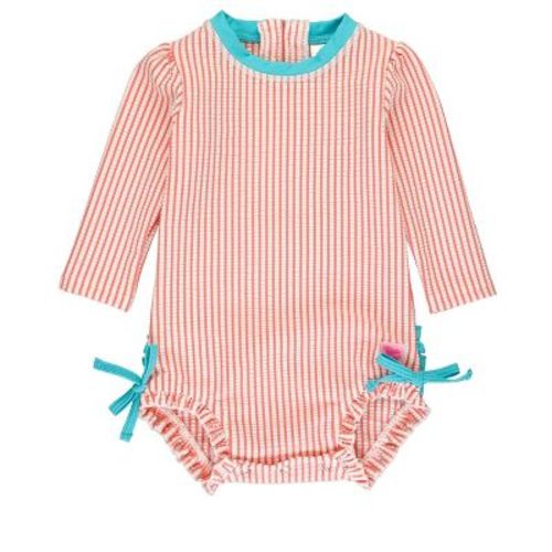 RuffleButts Infant Seersucker Long Sleeve One Piece Rash Guard - Coral, Size: 3-6m