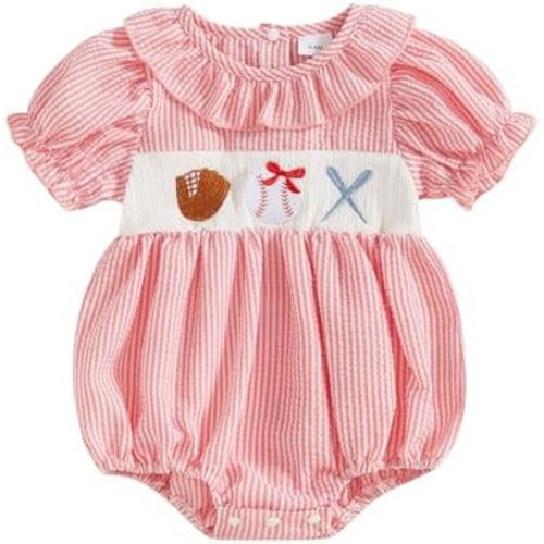 SAYOO Baby Girl Baseball Outfit Baseball Embroidery Smocked Bubble Romper Plaid Gingham Bodysuit Newborn Ruffle Jumpsuit