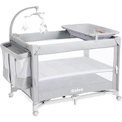 4 in 1 Baby Bassinet, Pack and Play, Bedside Crib Sleeper, Diaper Changer – Includes Comfy Mattress, Rocking Toy for Newborns to Toddlers (Gray)