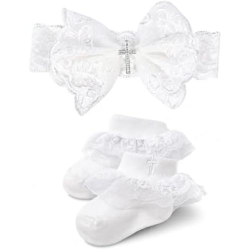 Baby Girl Baptism Socks and Headband Set, White Cotton Christening Accessories with Embroidered Cross & Flower Bow, 0-3 Years