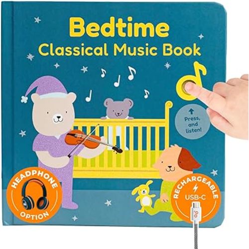 Cali's Books Bedtime Musical Book for Babies and Toddlers 1-3, USB-C Rechargeable, Headphone Jack, 6 Classical and Relaxing Pieces, Sound Book for Sleep & Relaxation