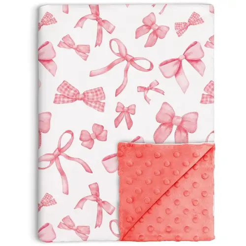 Pink Bow Baby Blanket for Girls, Cute Bowknot Soft Double Layer Minky with Dotted Backing, for Infant Newborn Nursery Baby Crib Receiving Blanket Bows Newborn, 30"x40"