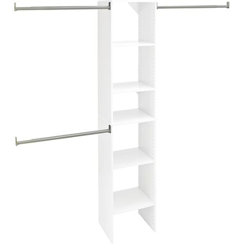 ClosetMaid SuiteSymphony Wood Closet Organizer Starter Kit with Tower and 3 Hang Rods, Shelves, Adjustable, Fits Spaces 4 – 9 ft. Wide, Engineered Wood, Pure White, 16"