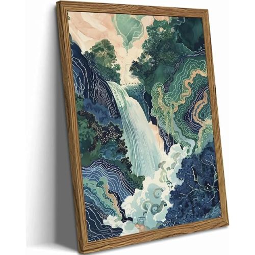 Framed Japanese Waterfall Canvas Wall Art, Abstract Landscape Wall Decor Paintings, Blue Green Nature Mountain Pictures Prints Zen Aesthetics Home Decor for Living Room Bedroom Bathroom 16x24 inch