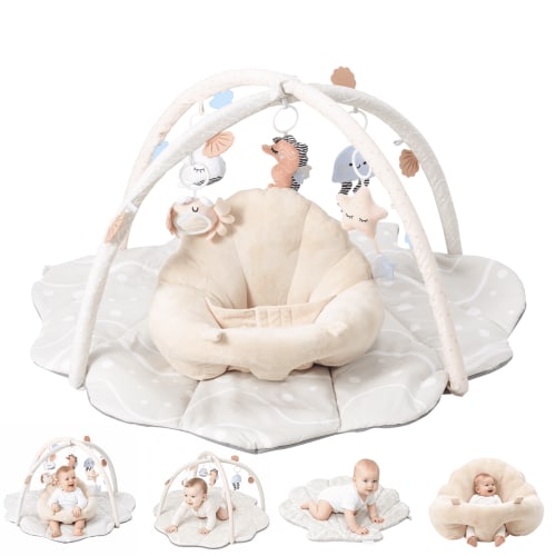 Baby Gym Playmat with Seat Cushion, Tummy Time Mat, 6 Detachable Toys for Infant Newborn Toddler 0-18 Months,Beige