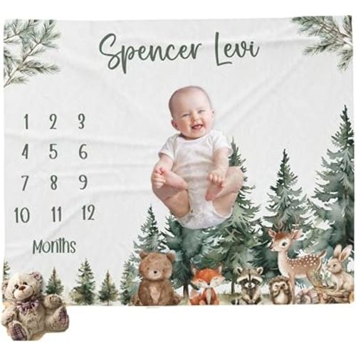 Personalized Baby Monthly Milestone Blanket for Girls, Woodland Milestone Blanket, Babys Month Blankets, Gender Neutral Forest Quilt, Infant Growth Tracker, Shower Keepsake Gift for Boy & Girl