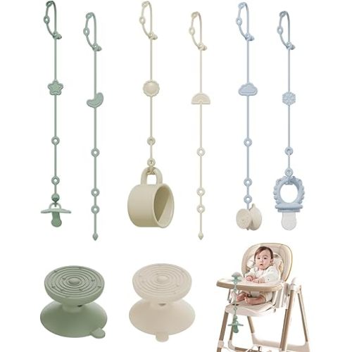 6 Pack Silicone Baby Toy Straps with 2 pcs Suction Cup Bases, Silicone Pacifier Clips Pacifier Holder, Tether Pacifier Clip,Adjustable Toy Holder for Stroller Accessories, Car Seat, Highchair,Crib (A)