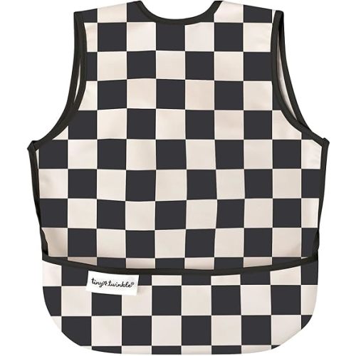 Tiny Twinkle Mess Proof Baby Bib - Waterproof & Lightweight Baby-Led Weaning Apron | 100% Recycled Polyester, Easy Clean & Machine Washable (Black Checkers, Large 2-4 Years)