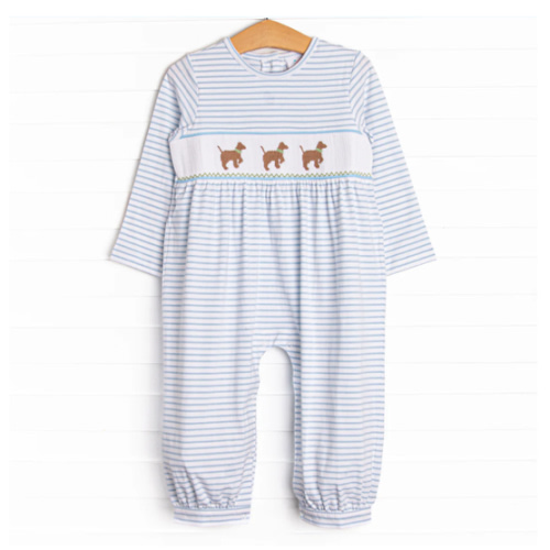 Puppy Present Smocked Romper, Blue – Stitchy Fish